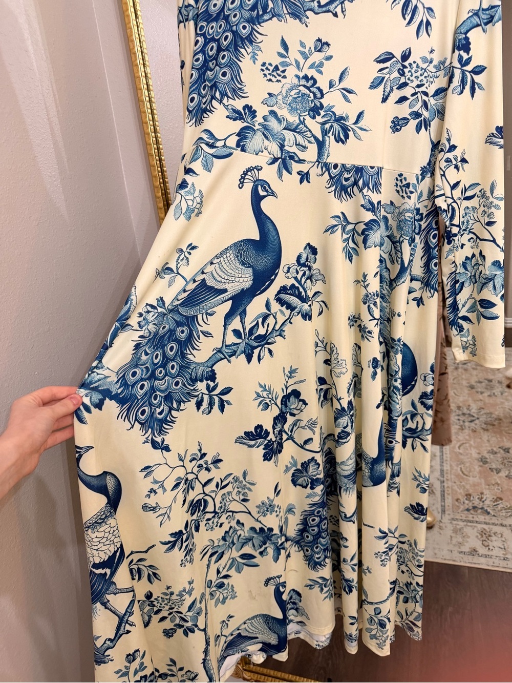 SHEIN Cream Maxi Dress with Blue Peony & Peacock Print - Picture 3 of 5